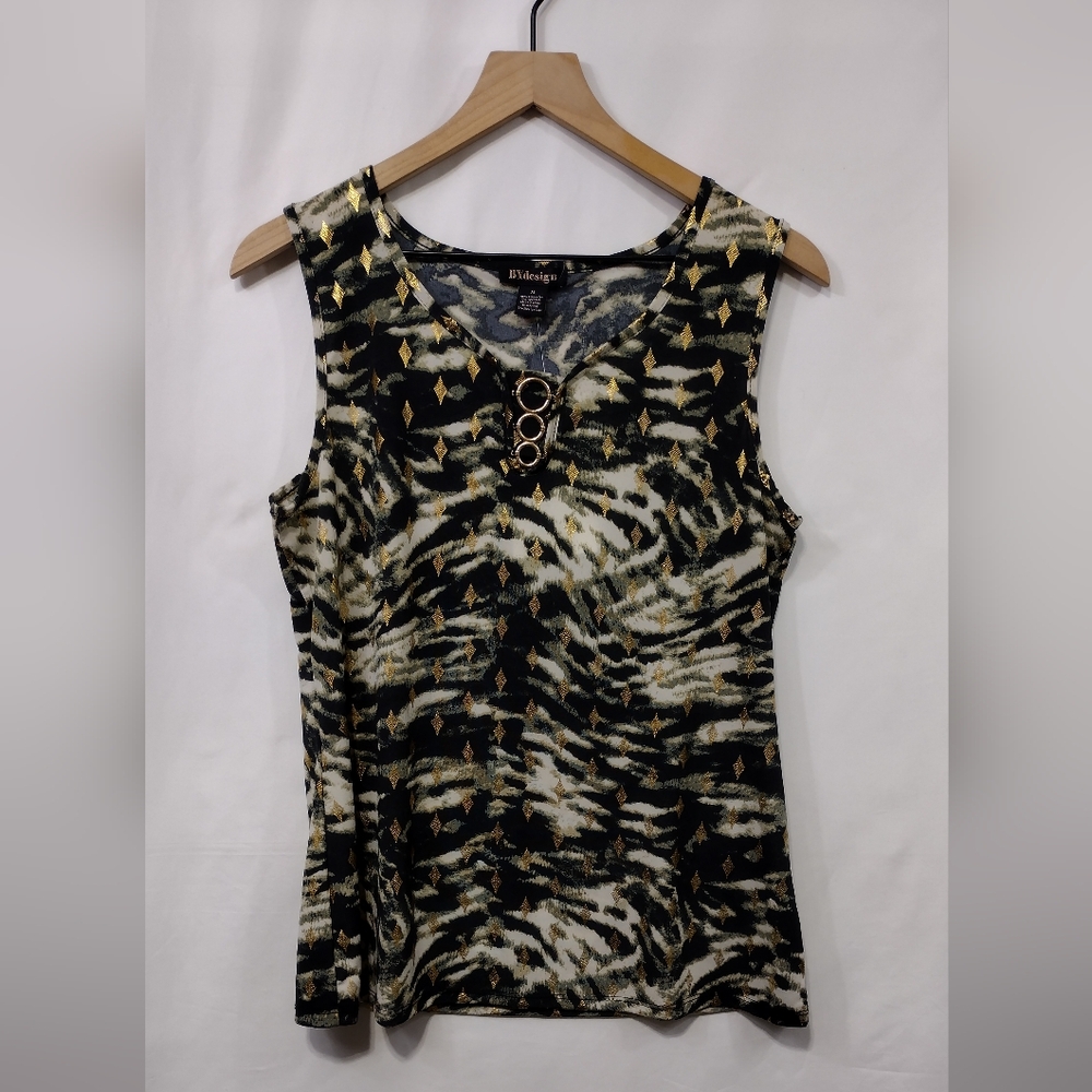 NWT By Design Animal Print Sleeveless Blouse Women's M Black Gold Grunge Boho